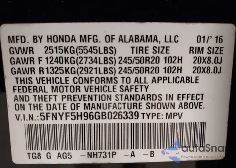 2016 Honda Pilot Touring из США, поврежденный, VIN 5FNYF5H96GB026339